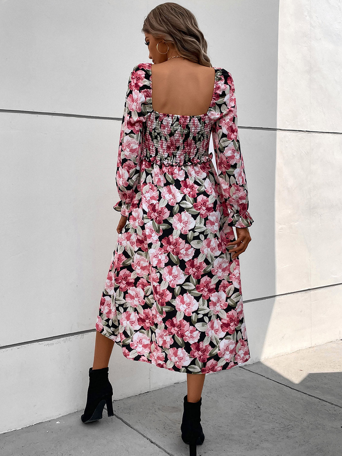 Slit Smocked Floral Flounce Sleeve Dress-Angel Casuals