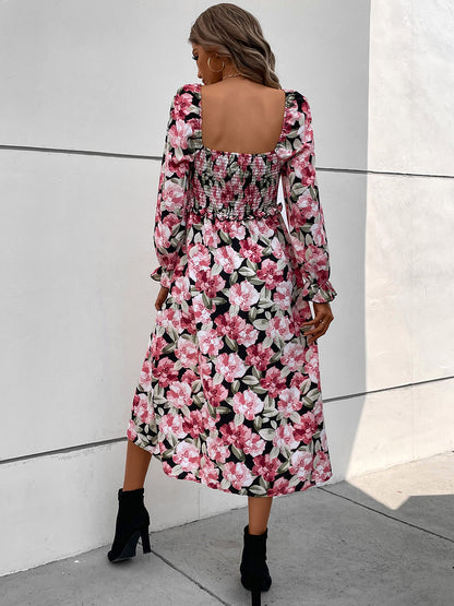 Slit Smocked Floral Flounce Sleeve Dress-Angel Casuals