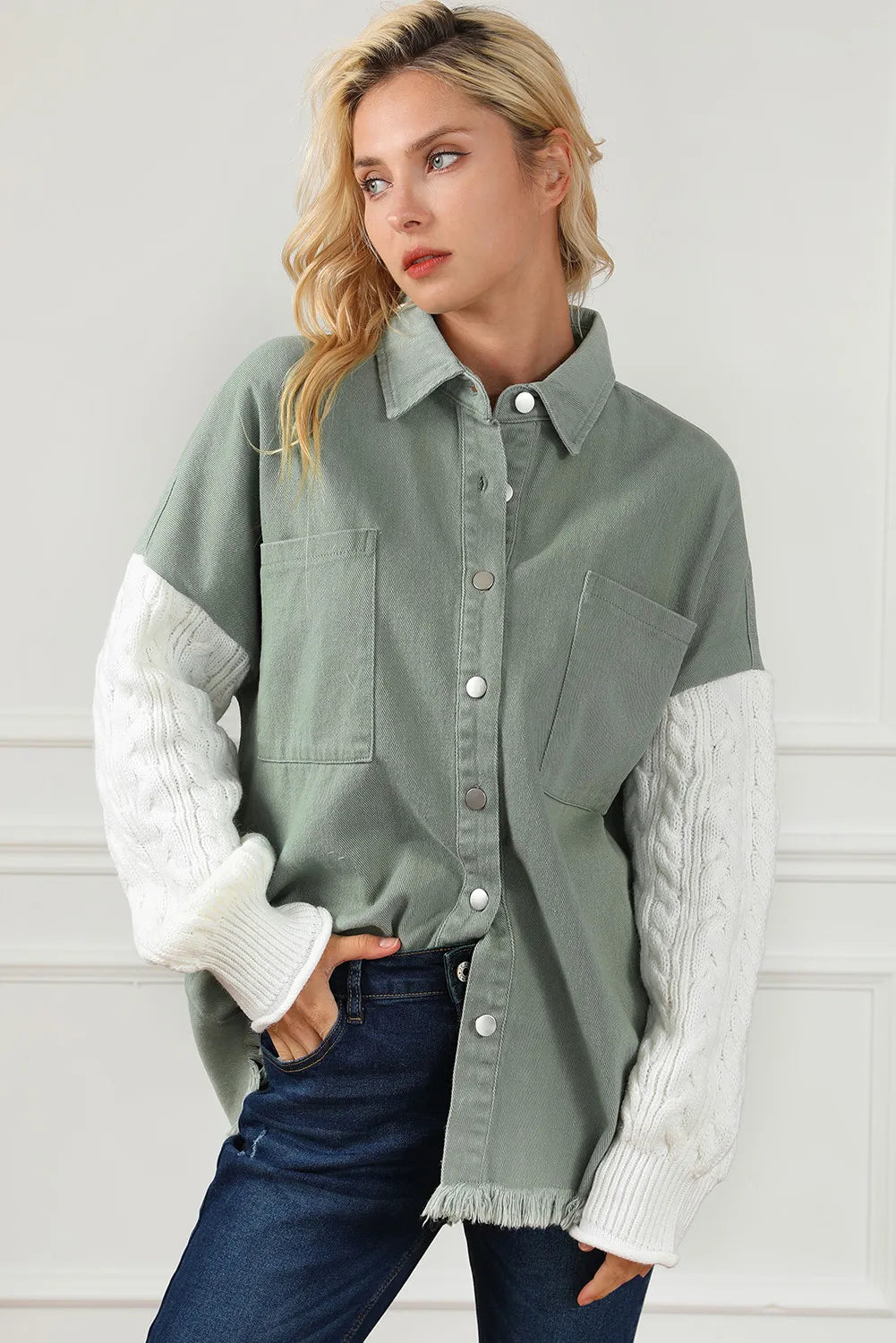 Raw Hem Collared Neck Button Up Long Sleeve Jacket-Angel Casuals