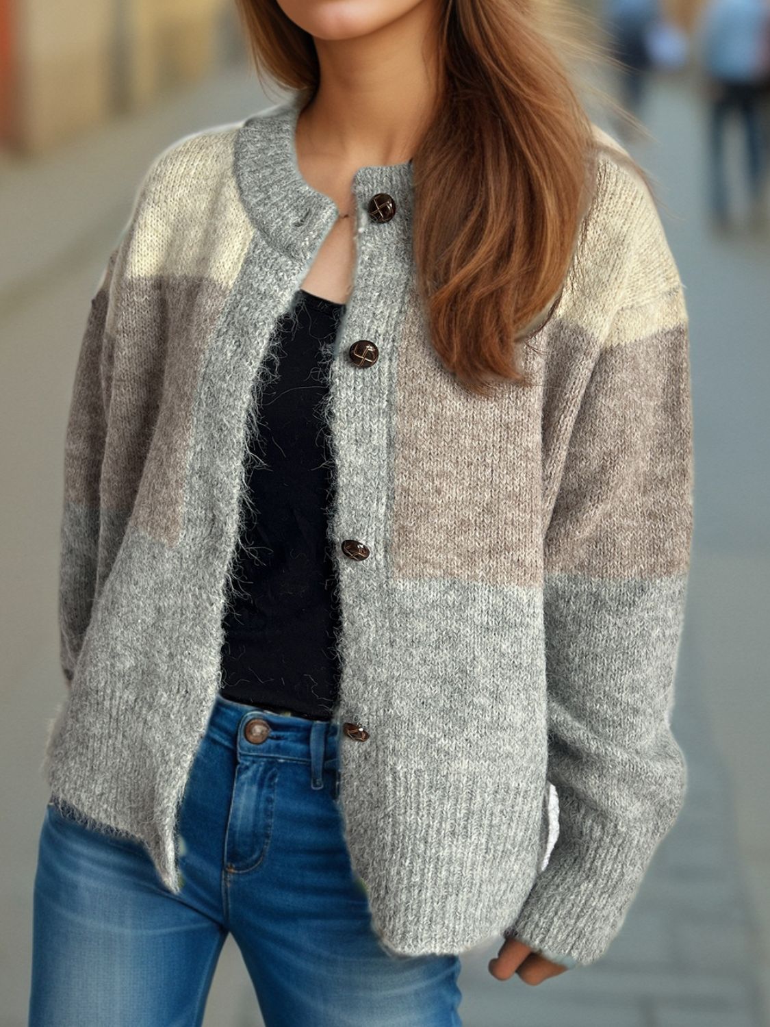Color Block Round Neck Button Up Cardigan-Angel Casuals