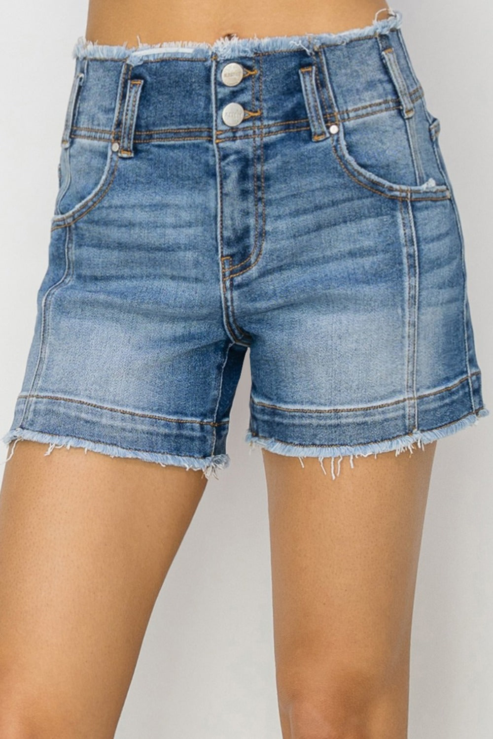 RISEN High Rise Seam Detailed Raw Edge Denim Shorts-Angel Casuals