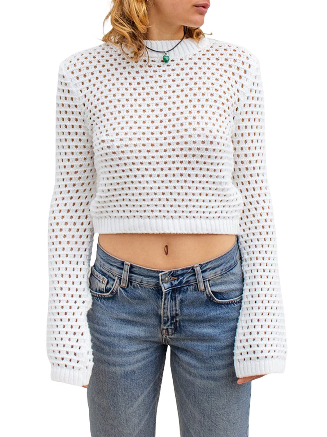 Openwork Round Neck Long Sleeve Knit Top-Angel Casuals