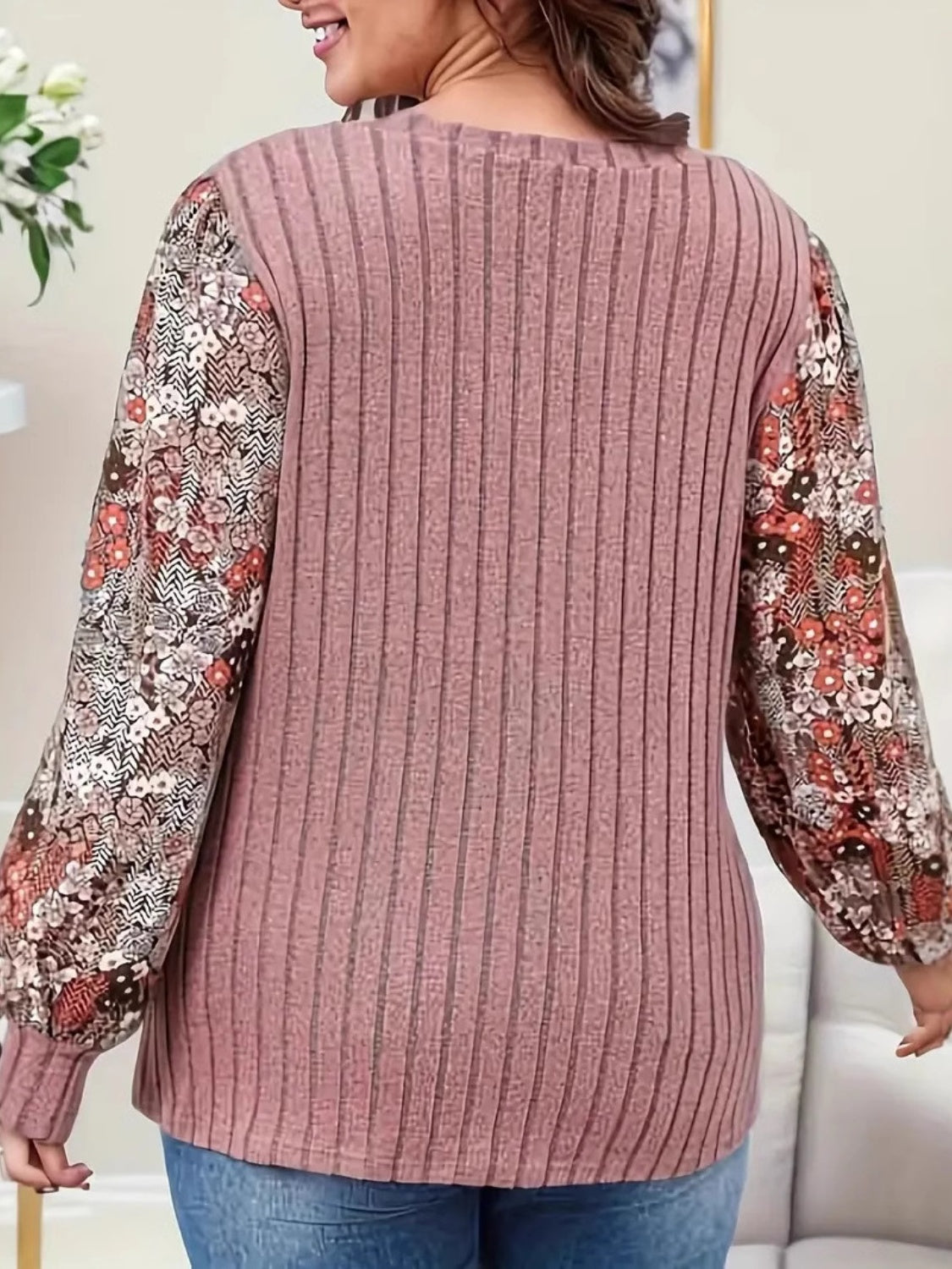 Printed V-Neck Long Sleeve T-Shirt-Angel Casuals