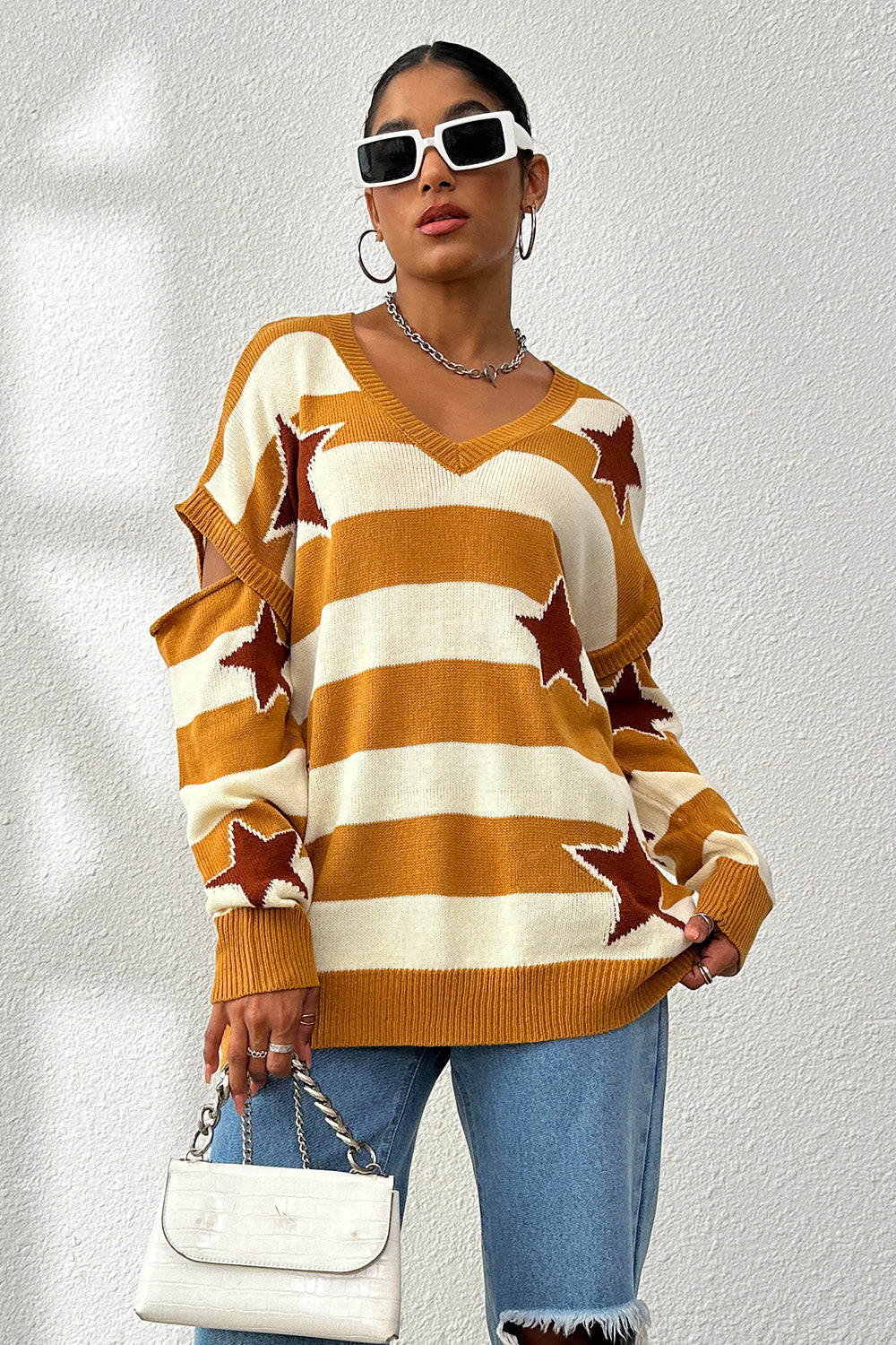 Star Pattern V-Neck Cutout Sweater-Angel Casuals