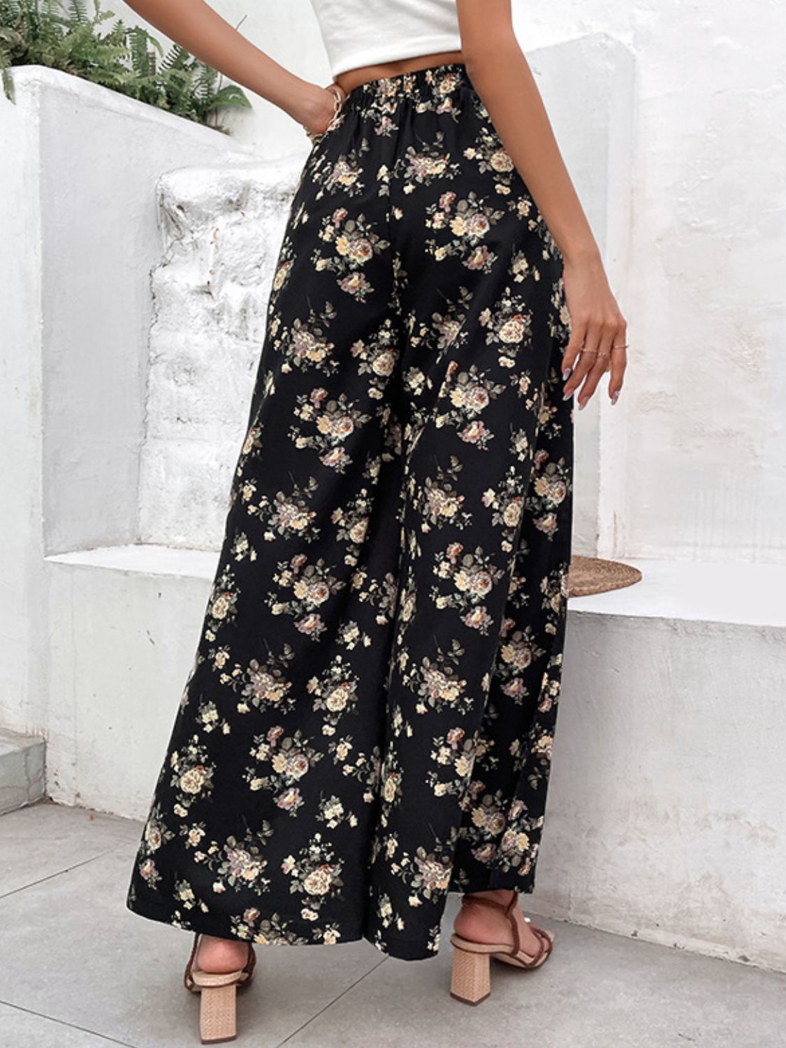 Floral Side Slit Wide Leg Pants-Angel Casuals