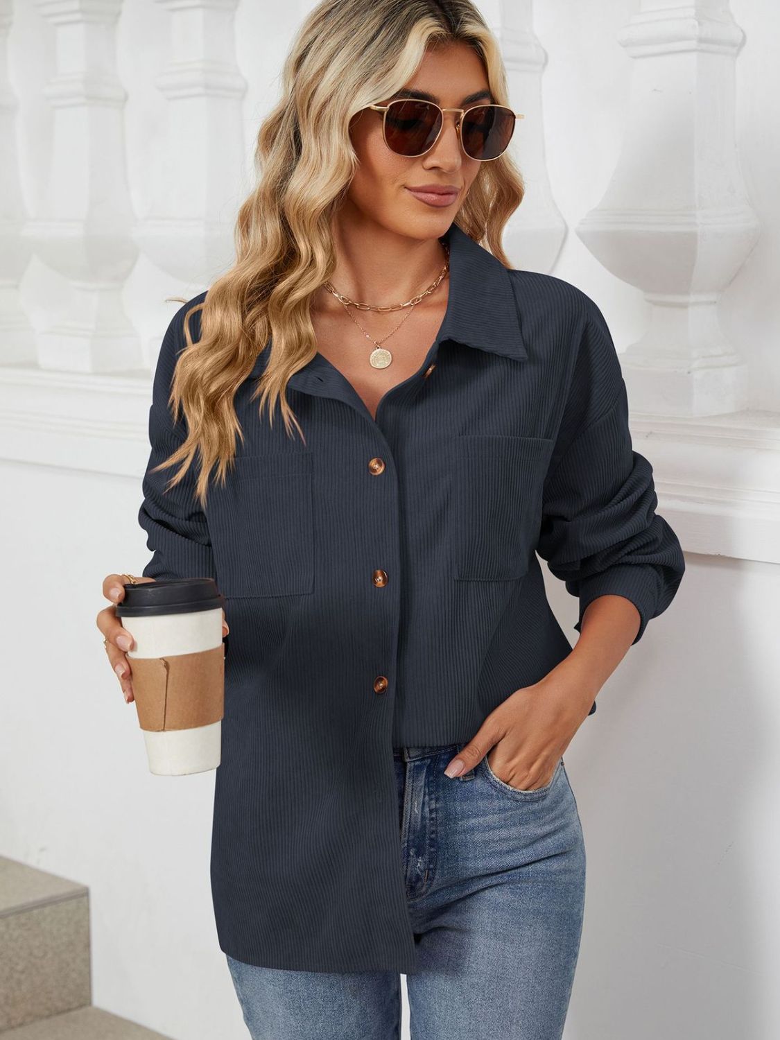 Button Up Dropped Shoulder Long Sleeve Outerwear-Angel Casuals