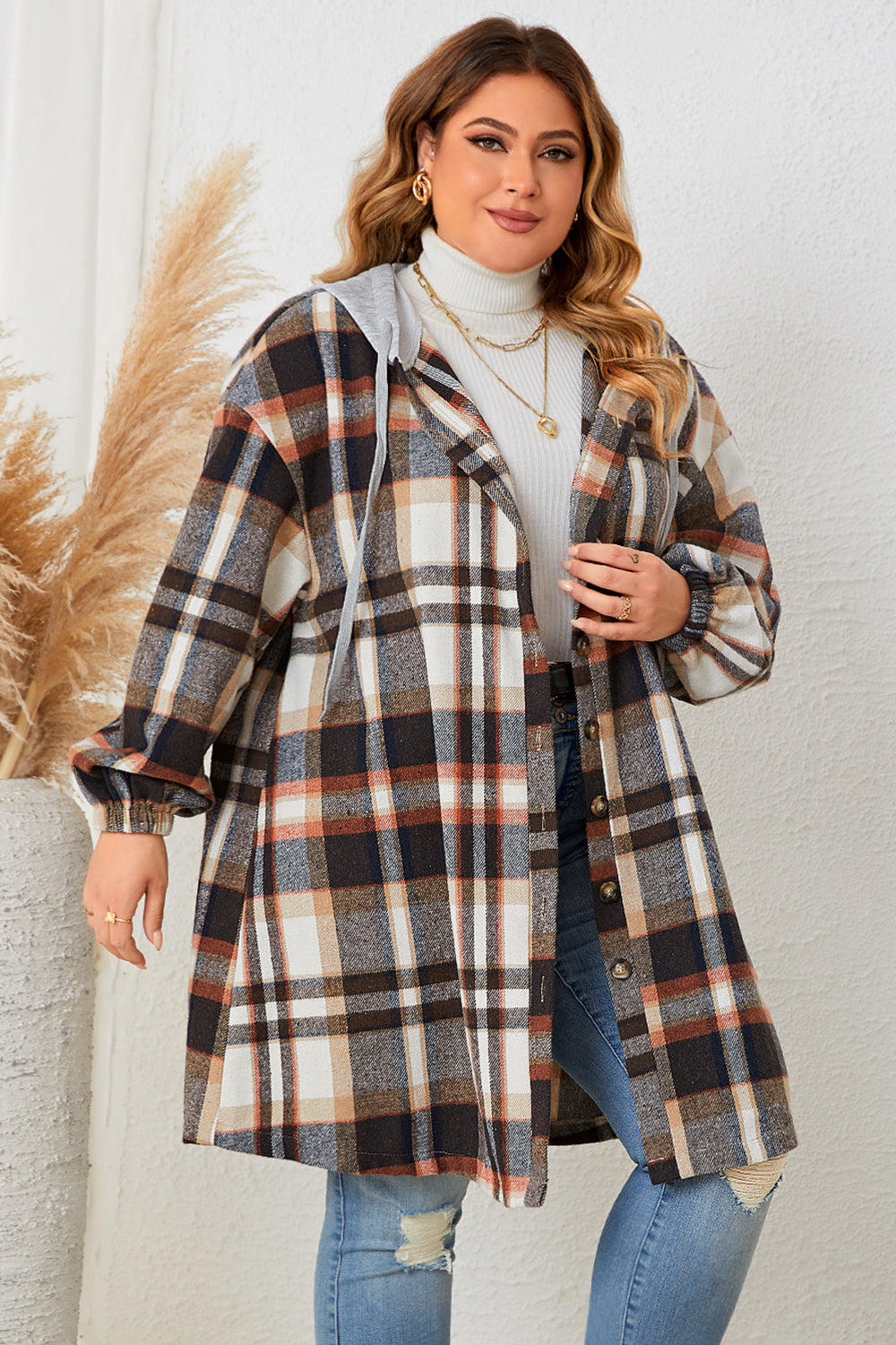 Honey Plus Size Plaid Drop Shoulder Hooded Coat-Angel Casuals