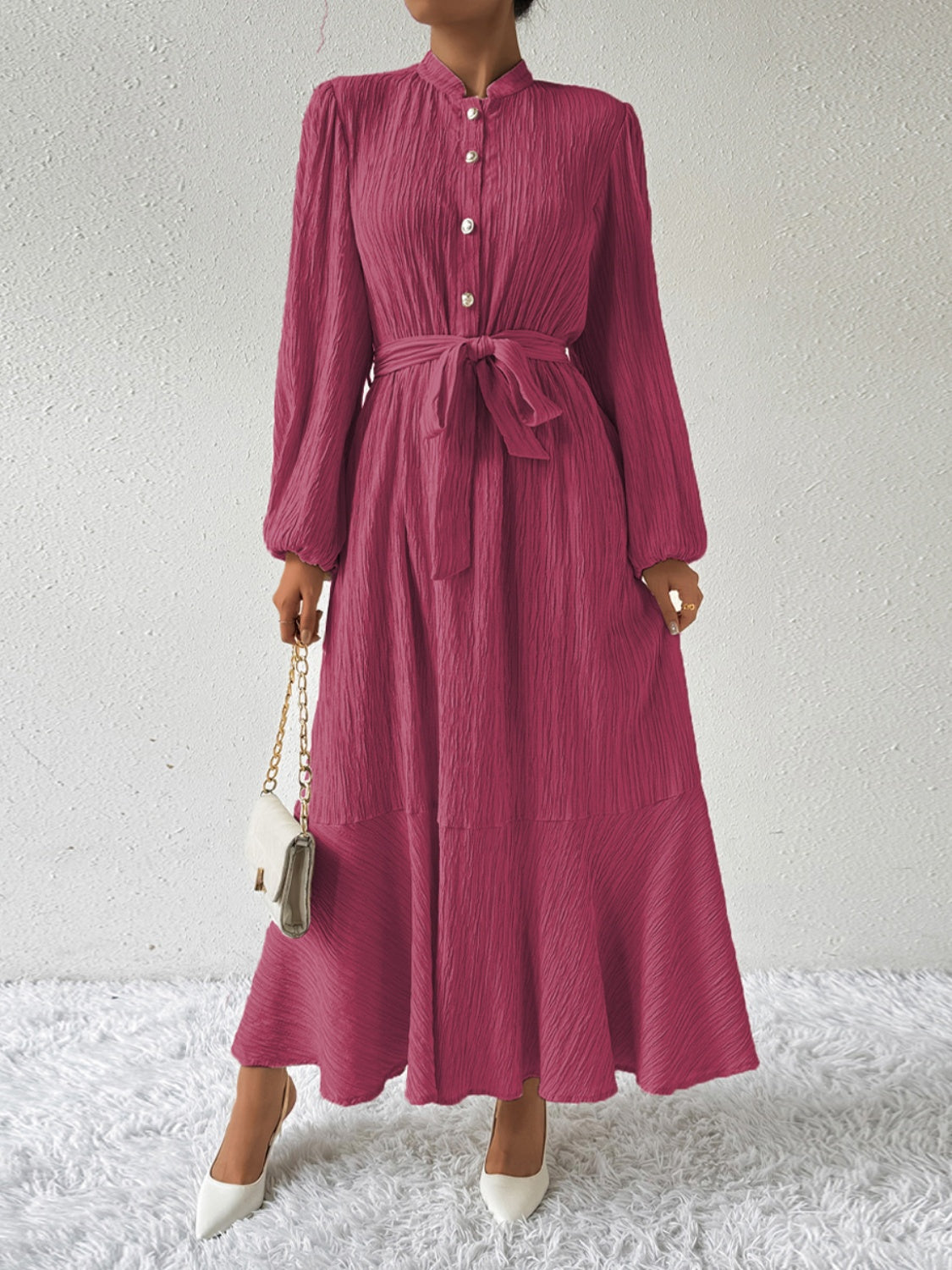 Tie Waist Long Sleeve Dress-Angel Casuals