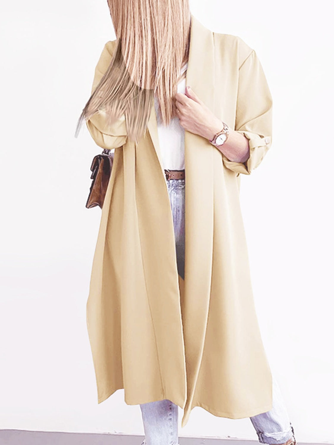 Slit Open Front Roll-Tab Sleeve Trench Coat-Angel Casuals