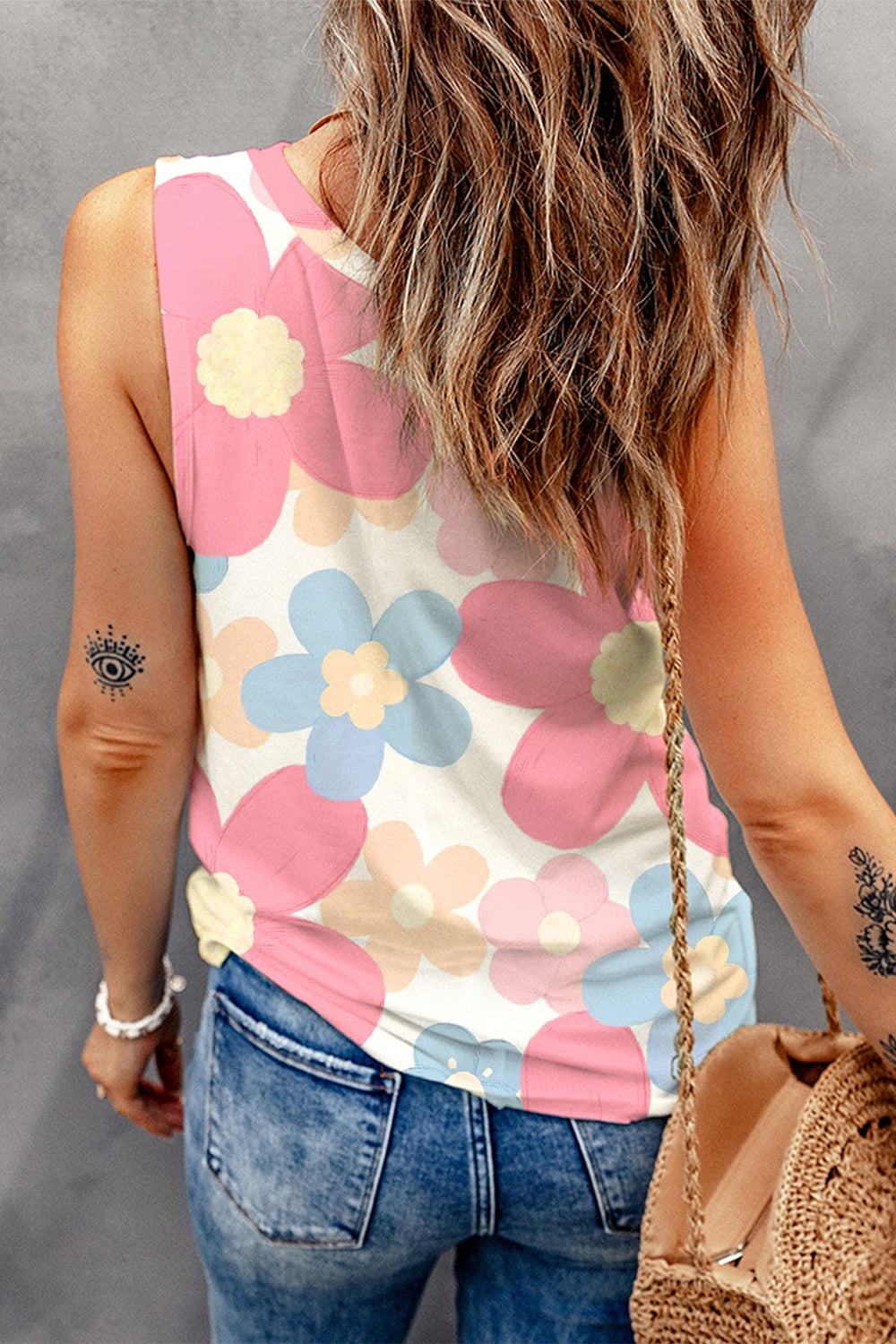 Flower Printed Round Neck Tank-Angel Casuals