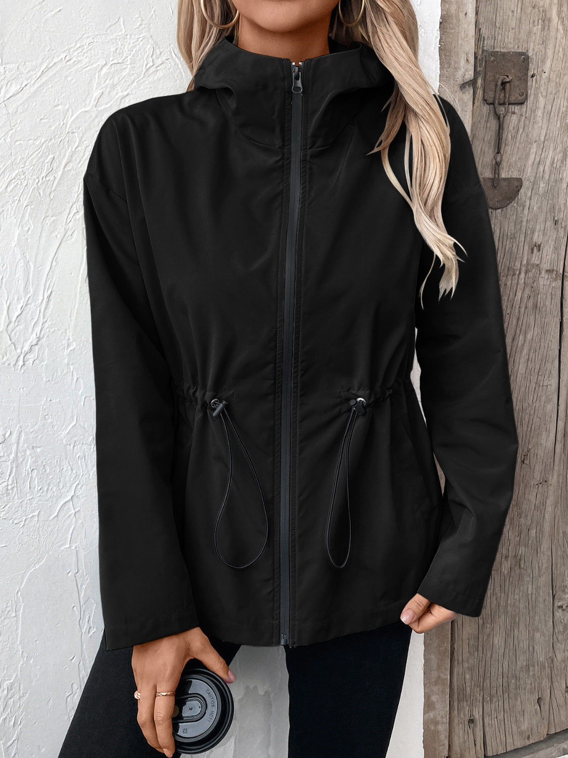 Ivy Lane Drawstring Zip Up Hooded Jacket-Angel Casuals