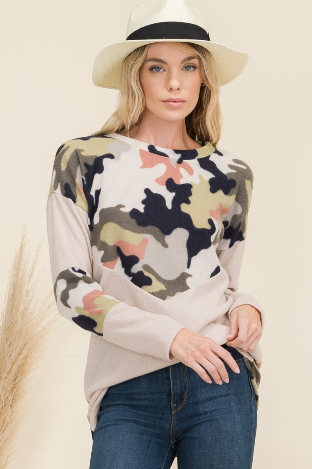 Celeste Full Size Camo Print Contrast Long Sleeve T-Shirt-Angel Casuals