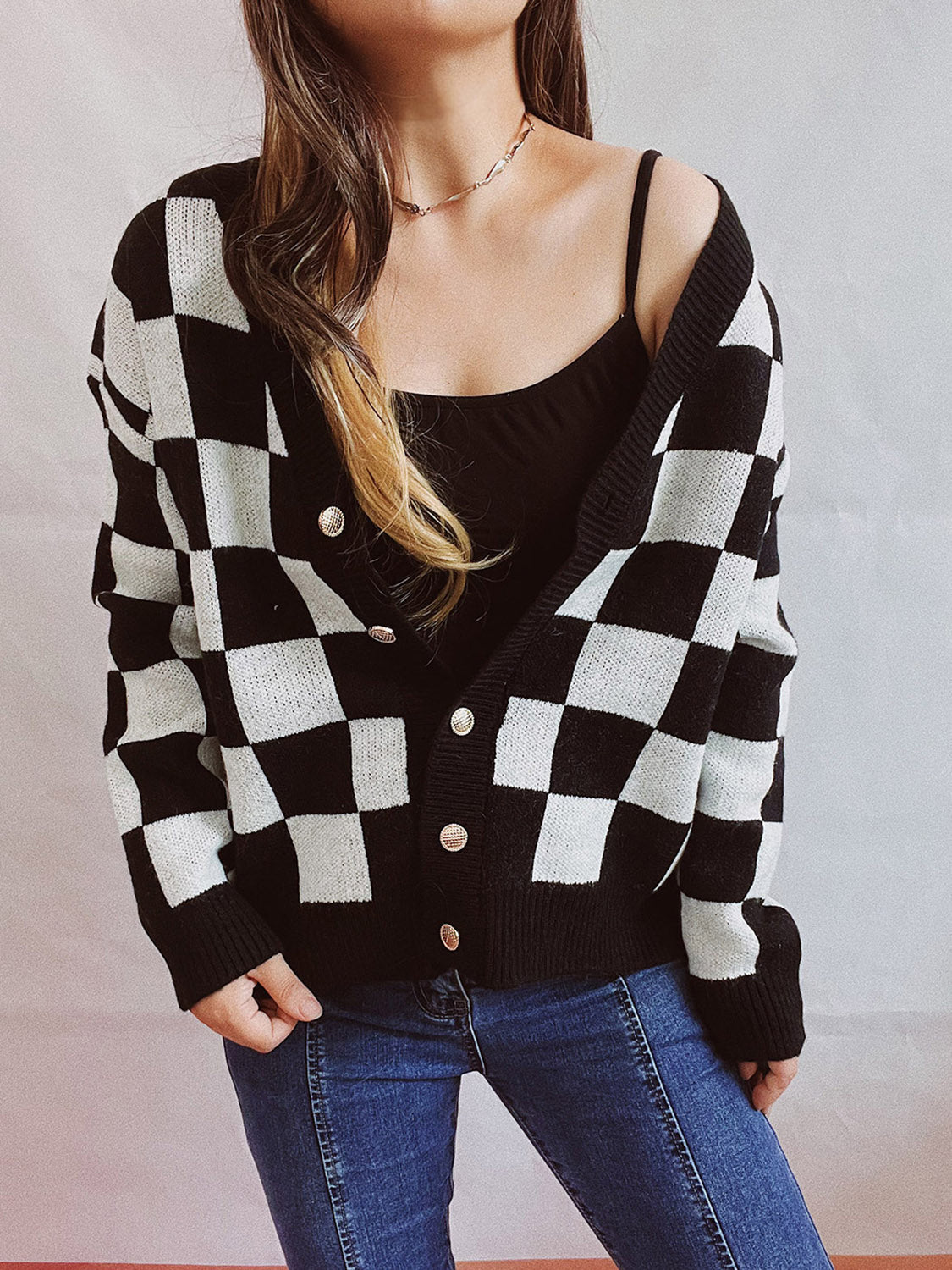 Checkered Open Front Button Up Cardigan-Angel Casuals