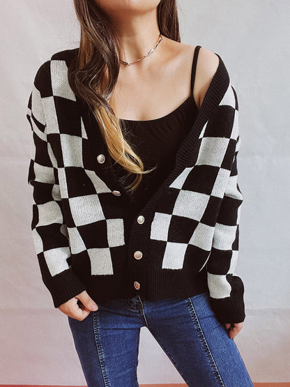 Checkered Open Front Button Up Cardigan-Angel Casuals