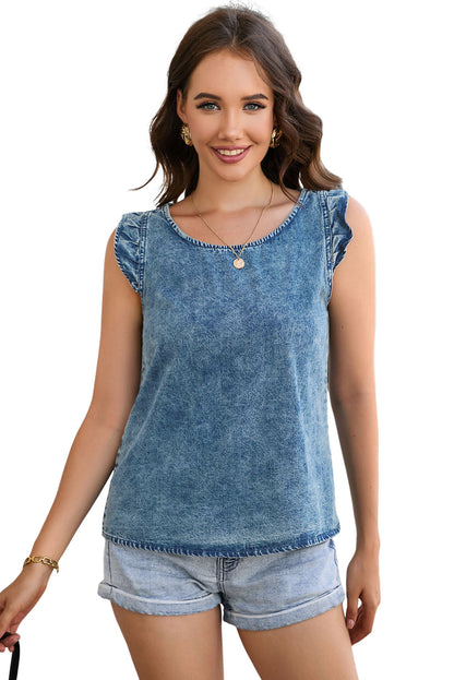 Acid Wash Round Neck Denim Tank-Angel Casuals