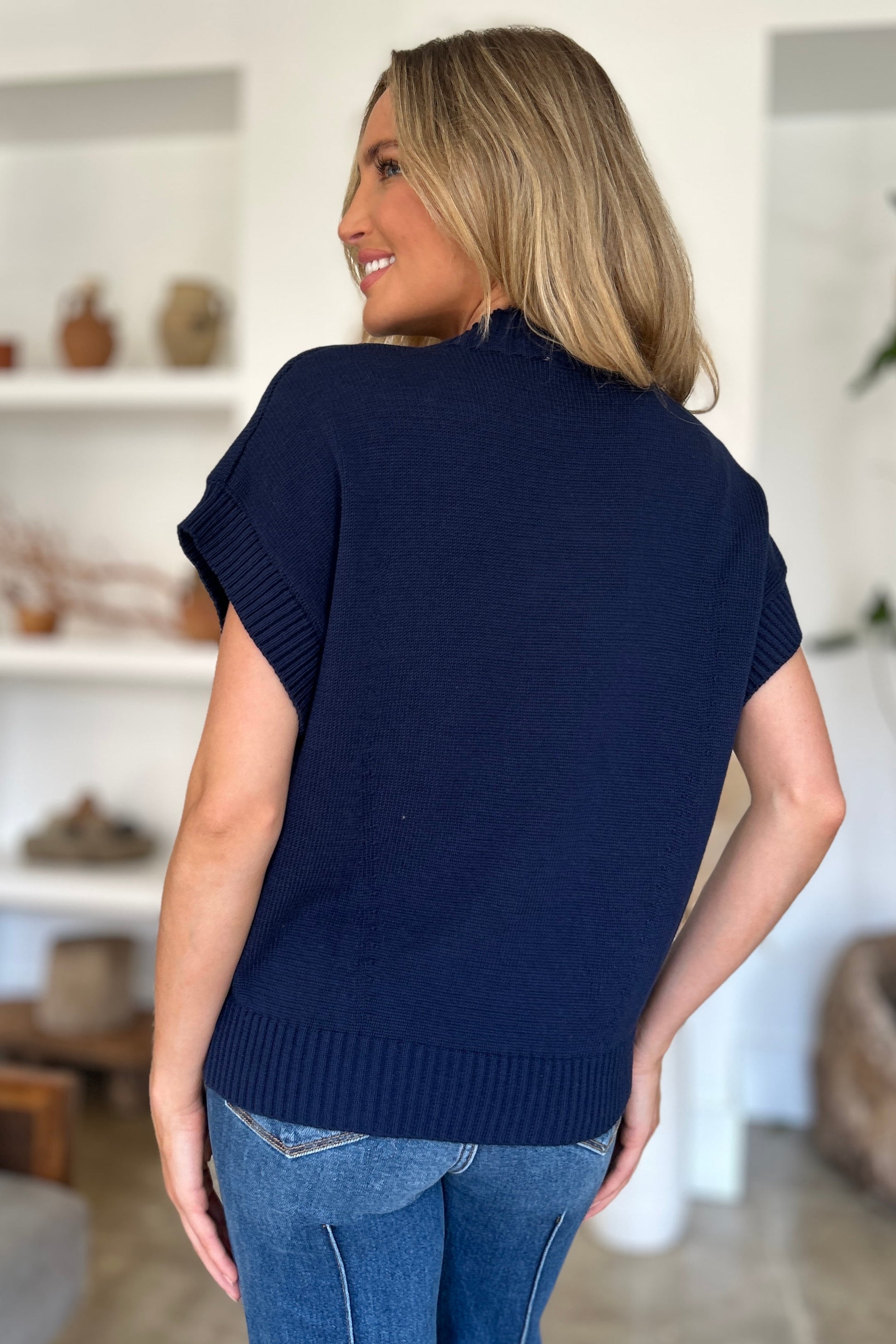 Double Take Full Size Mock Neck Short Sleeve Sweater-Angel Casuals