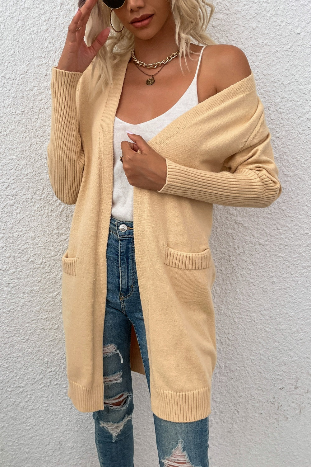 Open Front Long Sleeve Cardigan with Pockets-Angel Casuals