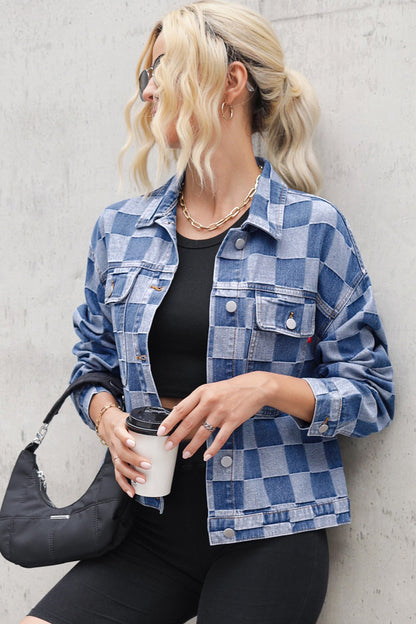 Checkered Button Up Long Sleeve Denim Jacket-Angel Casuals