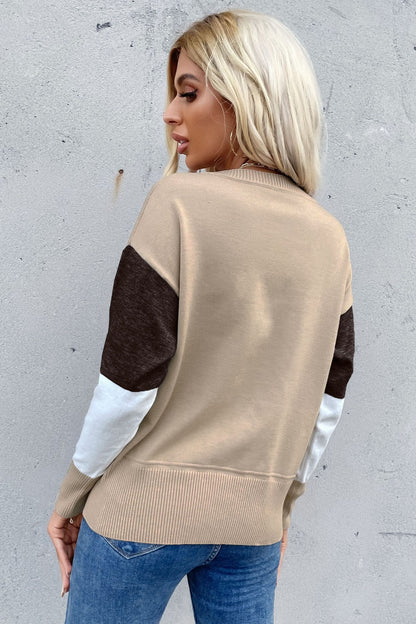 Perfee Color Block Ribbed Trim Round Neck Knit Pullover-Angel Casuals