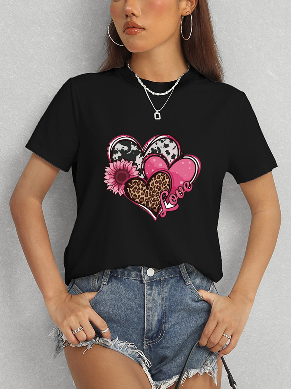 Heart Round Neck Short Sleeve T-Shirt-Angel Casuals