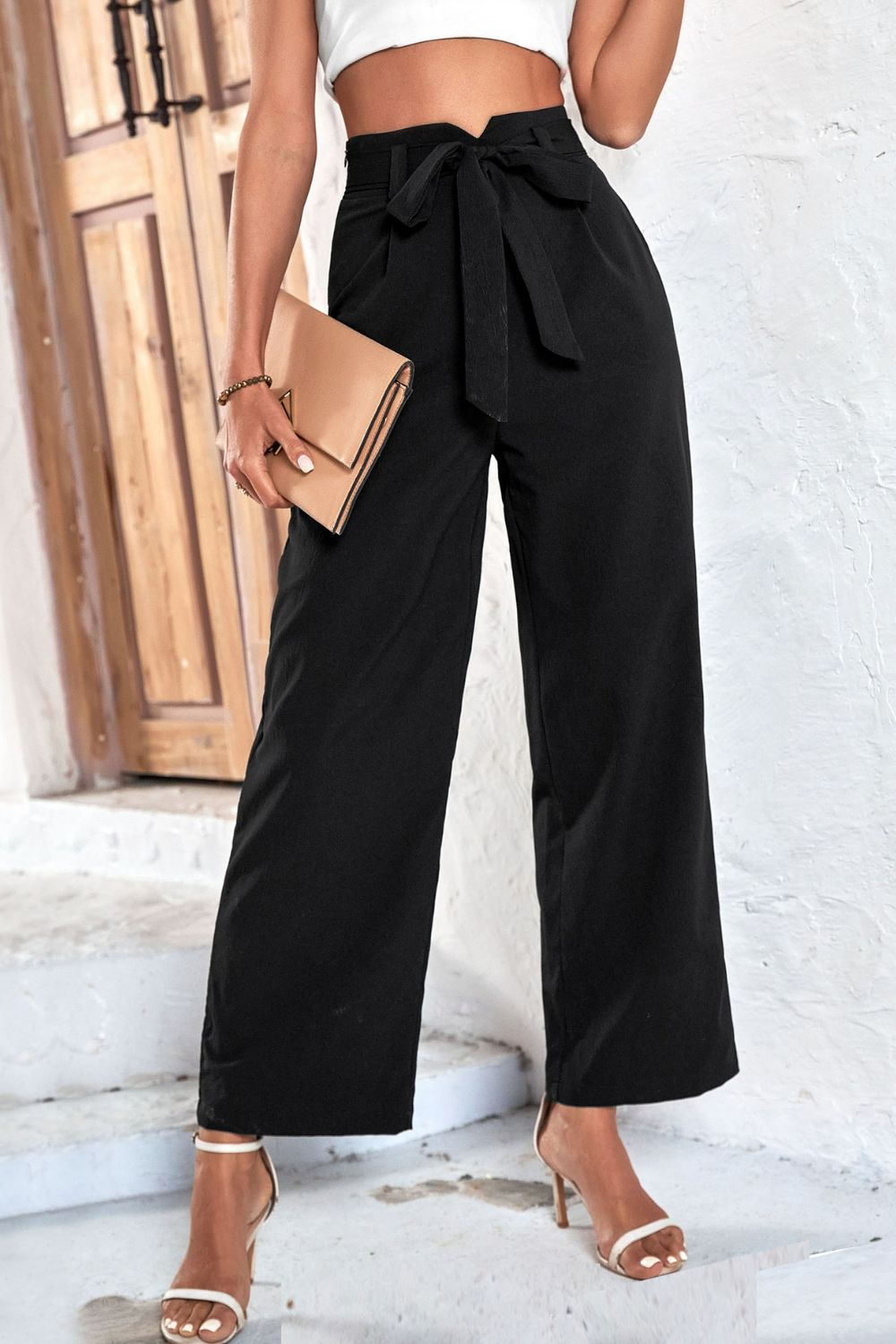 Belted High-Rise Wide Leg Pants-Angel Casuals