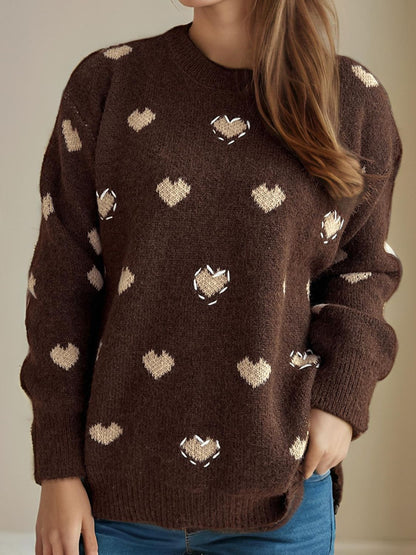 Heart Round Neck Long Sleeve Sweater-Angel Casuals