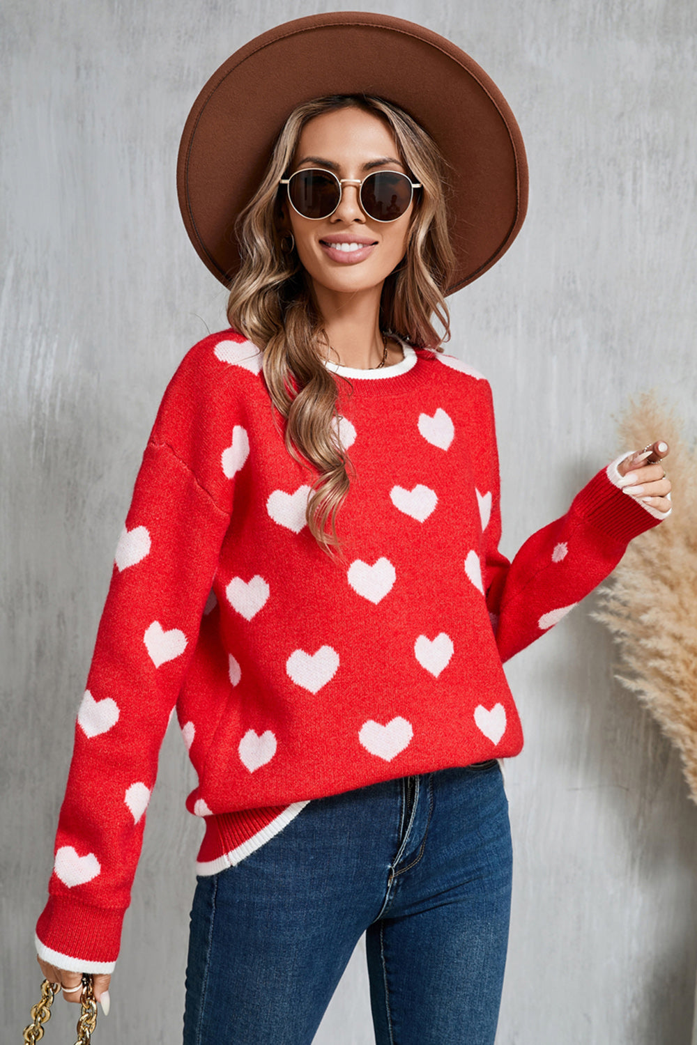 Angel Wings Contrast Trim Heart Round Neck Sweater-Angel Casuals