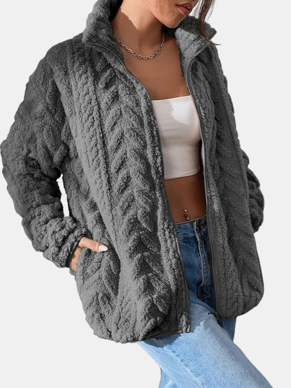 Fuzzy Zip Up Long Sleeve Jacket-Angel Casuals