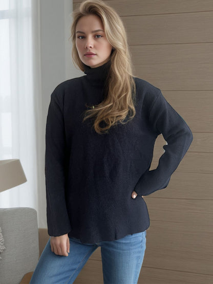 Side Slit Turtleneck Long Sleeve Sweater-Angel Casuals