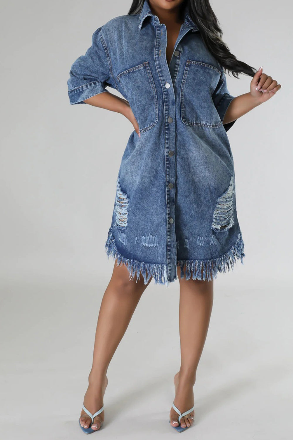 Distressed Raw Hem Button Up Denim Dress-Angel Casuals