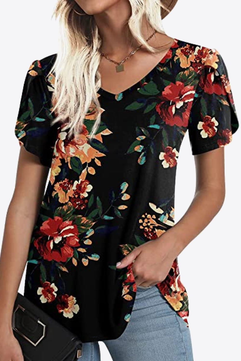 Printed Petal Sleeve V-Neck Blouse-Angel Casuals