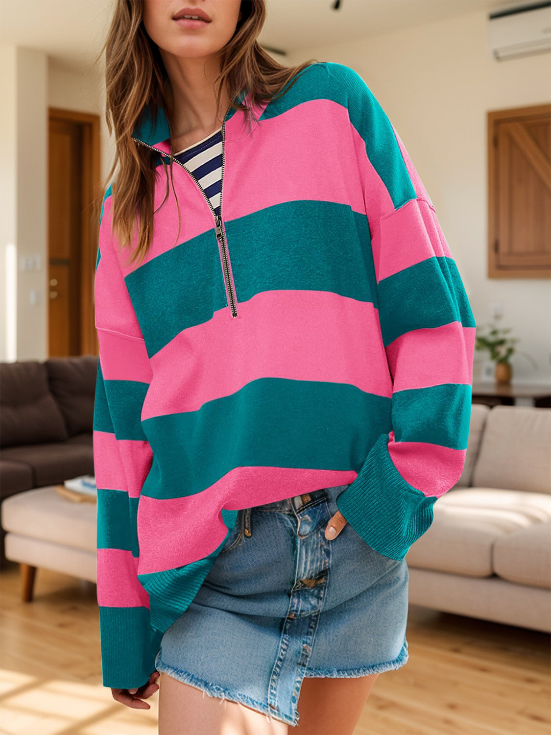 Color Block Half Zip Long Sleeve Sweater-Angel Casuals