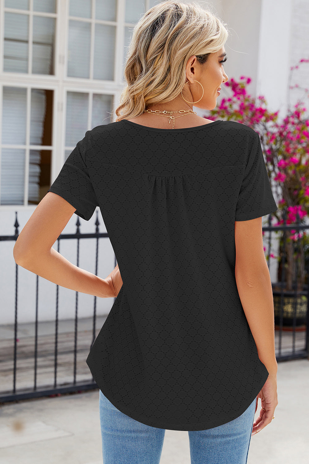 Eyelet Quarter Button Short Sleeve T-Shirt-Angel Casuals
