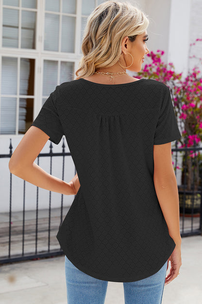 Eyelet Quarter Button Short Sleeve T-Shirt-Angel Casuals