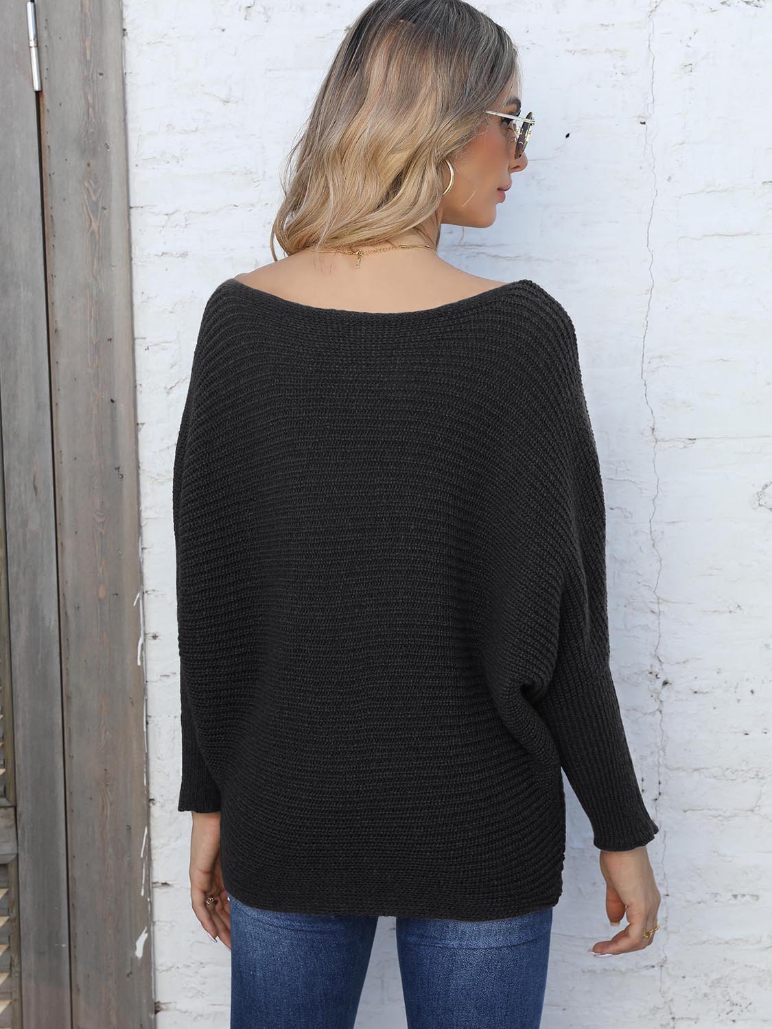 Full Size Horizontal Ribbing Dolman Sleeve Sweater-Angel Casuals