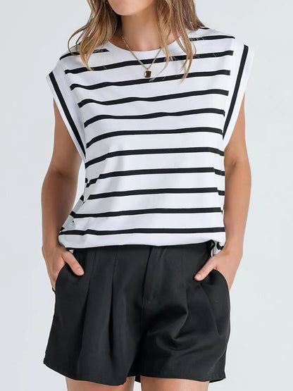 Striped Round Neck Cap Sleeve T-Shirt-Angel Casuals