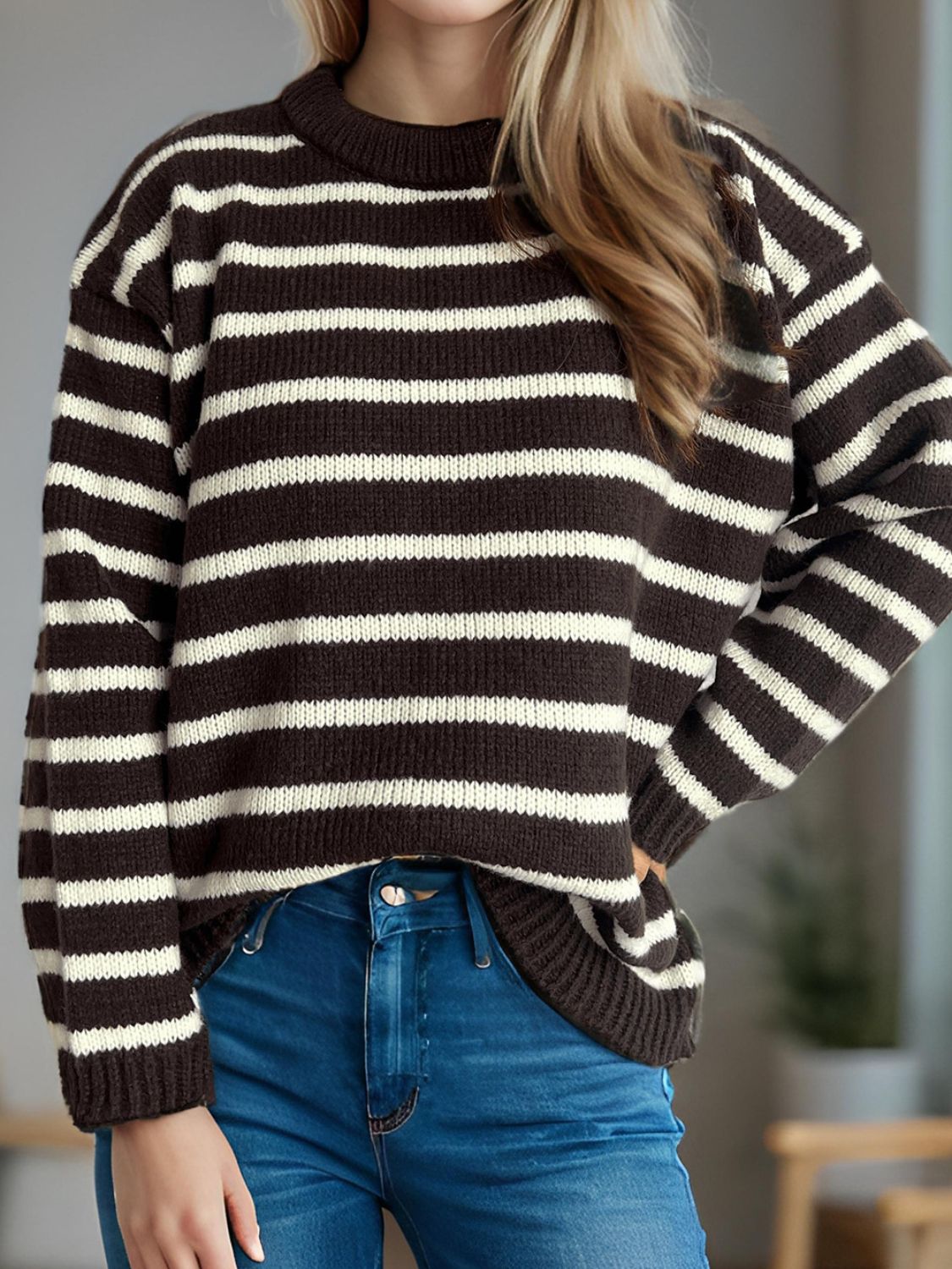 Striped Round Neck Long Sleeve Sweater-Angel Casuals