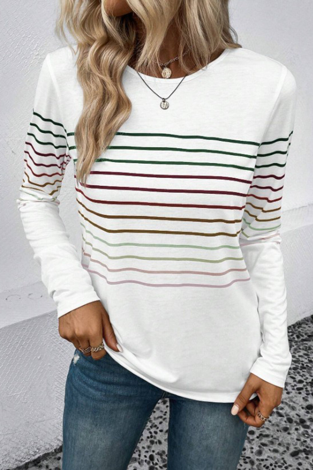 Striped Round Neck Long Sleeve T-Shirt-Angel Casuals