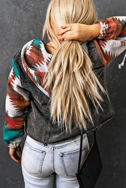 Drawstring Hooded Pocketed Denim Jacket-Angel Casuals