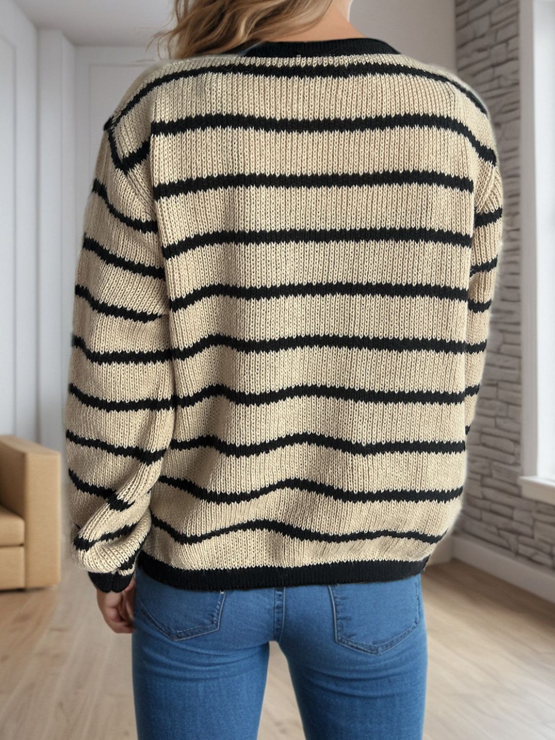 Striped Round Neck Long Sleeve Cardigan-Angel Casuals