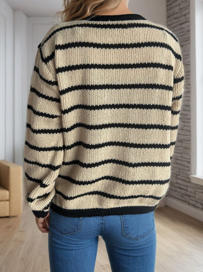 Striped Round Neck Long Sleeve Cardigan-Angel Casuals