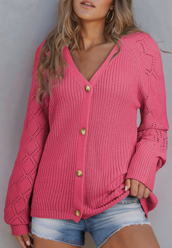 Openwork V-Neck Button Up Cardigan-Angel Casuals