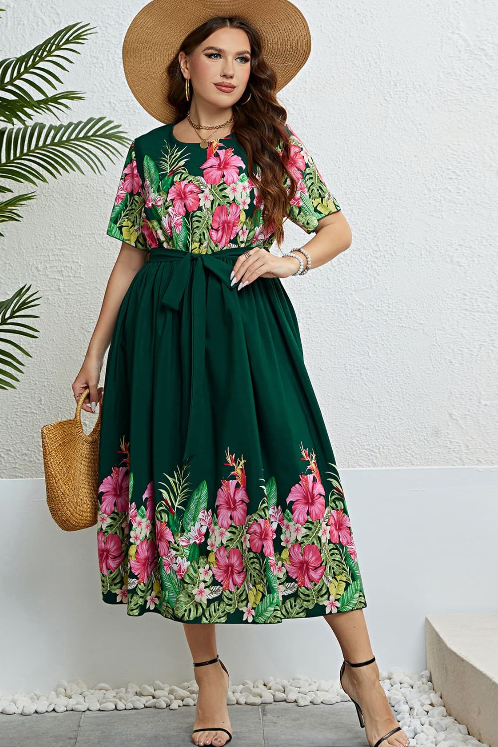 Floral Tie-Waist Round Neck Dress-Angel Casuals