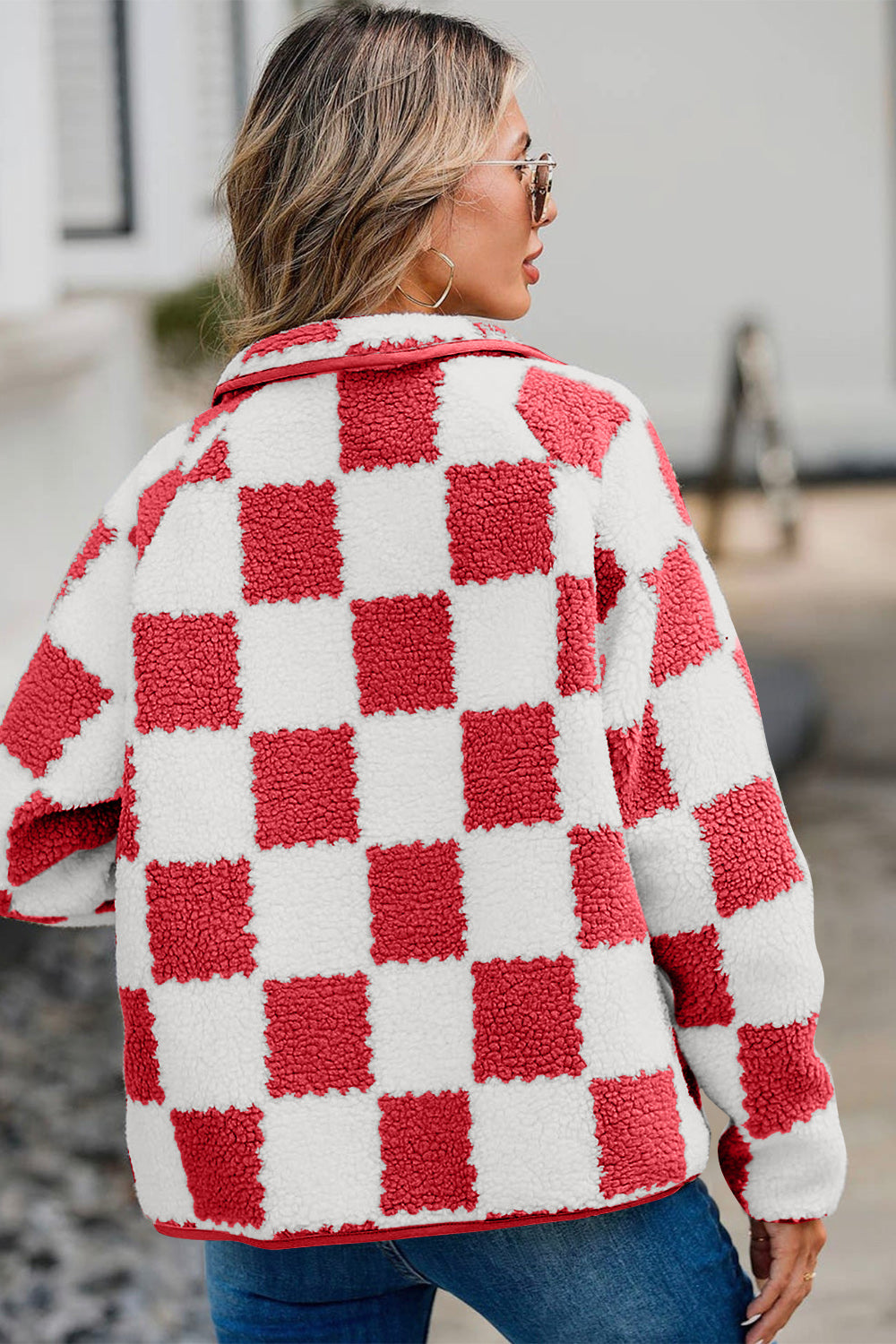 Checkered Snap Down Long Sleeve Teddy Jacket-Angel Casuals