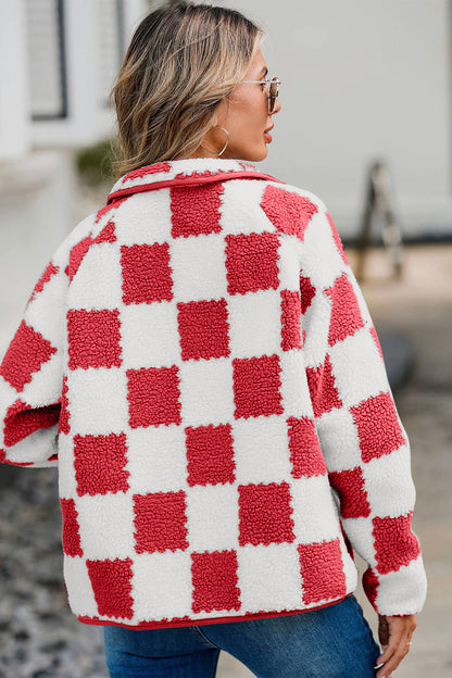 Checkered Snap Down Long Sleeve Teddy Jacket-Angel Casuals