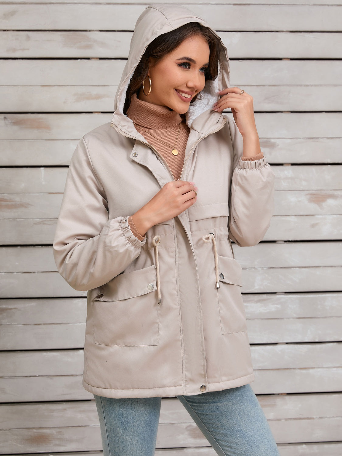 Drawstring Long Sleeve Hooded Jacket-Angel Casuals