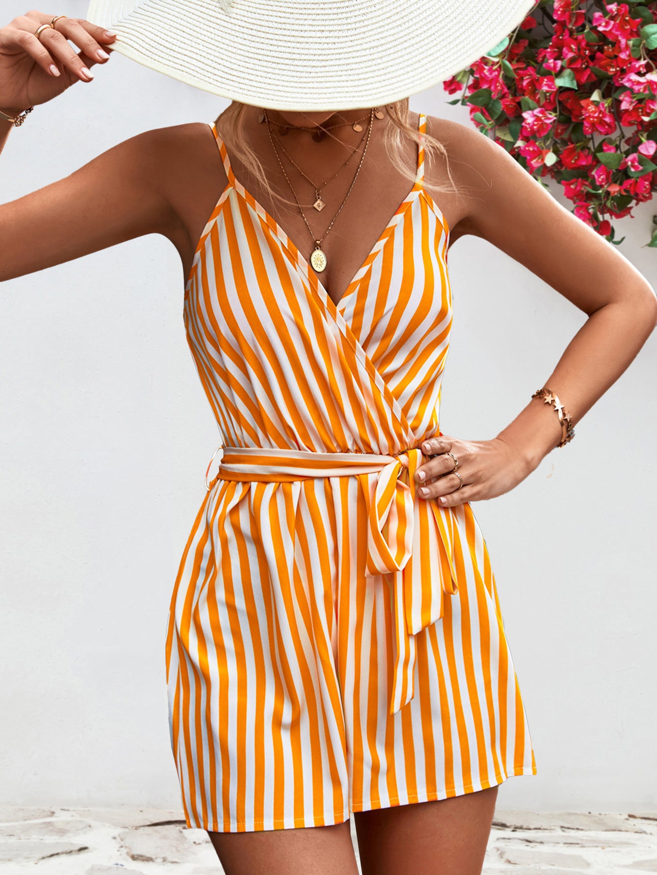 Striped Tie Waist Spaghetti Strap Romper-Angel Casuals