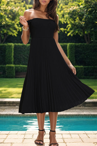 Pleated Off-Shoulder Midi Dress-Angel Casuals