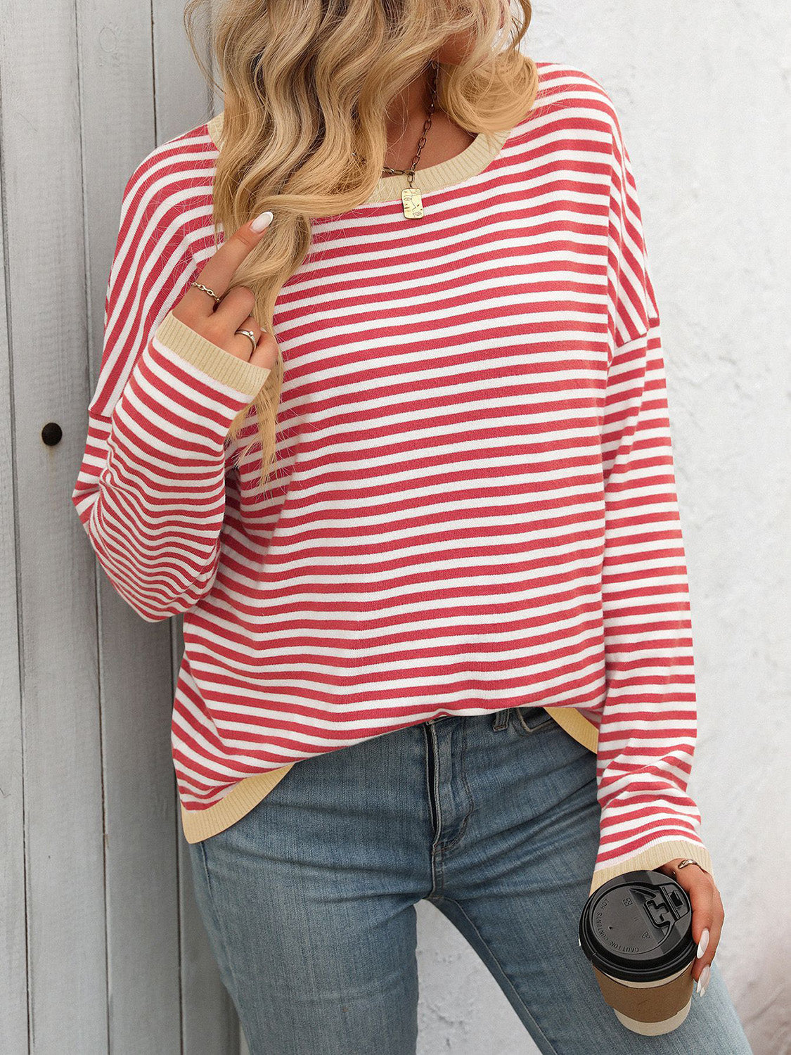 Mandy Striped Round Neck Long Sleeve Sweater-Angel Casuals