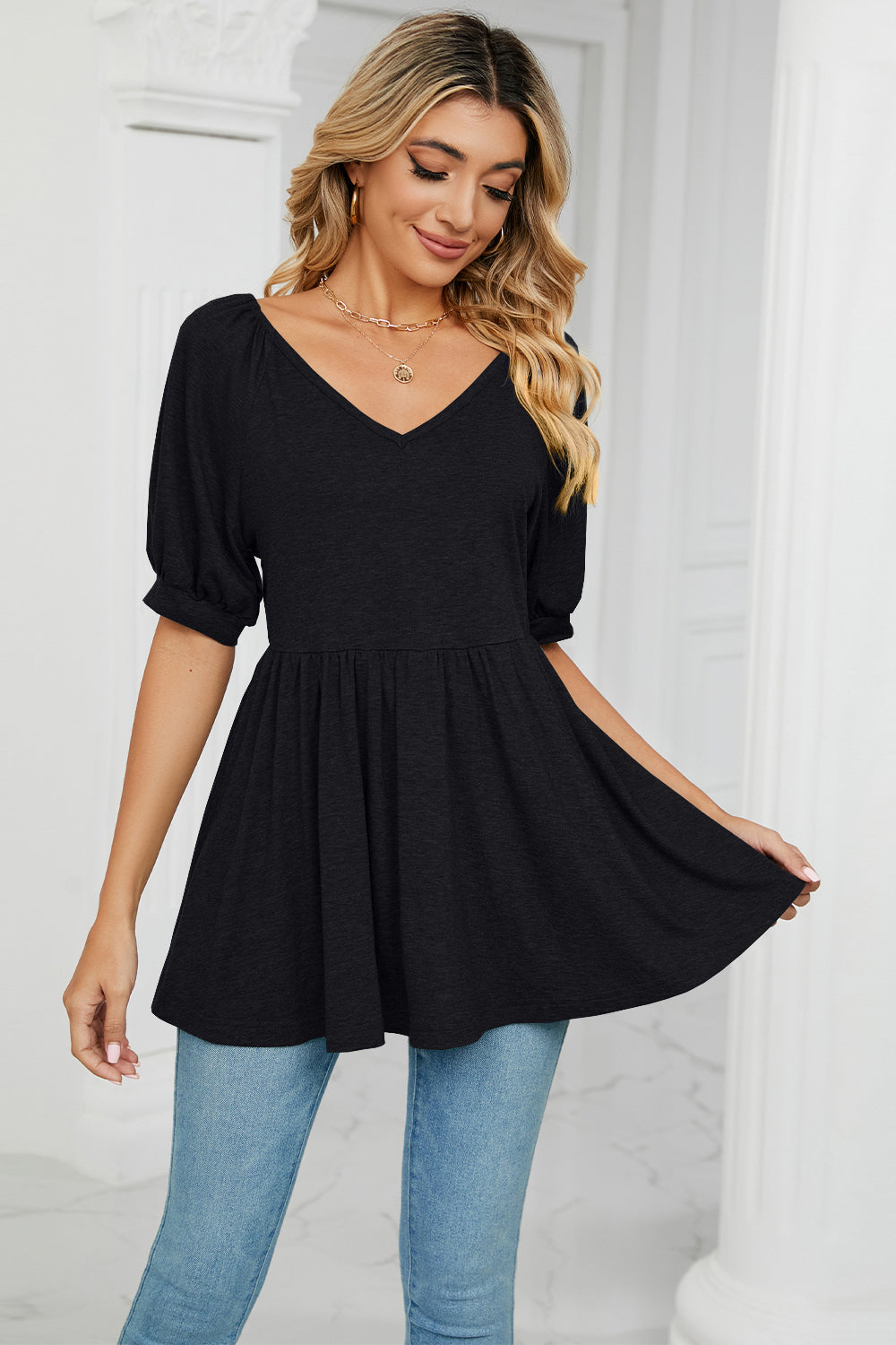 V-Neck Babydoll Top-Angel Casuals